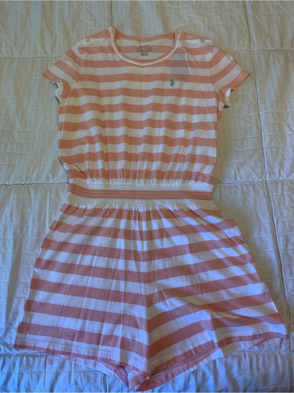 Polo by Ralph Lauren Coral & White Striped Girls Romper